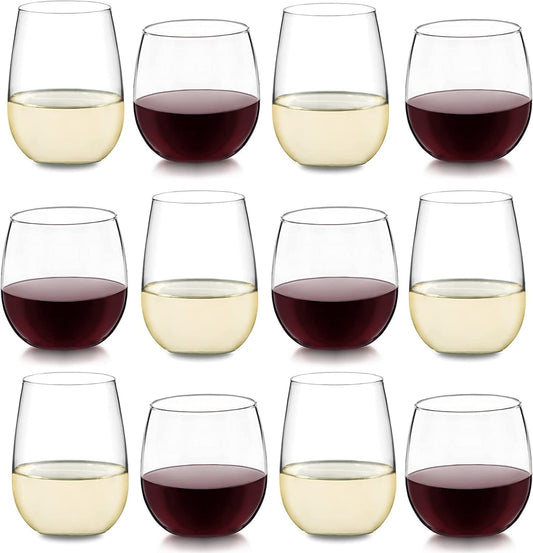 Stemless 12-Piece Wine Glass Party Set for Red and White Wines