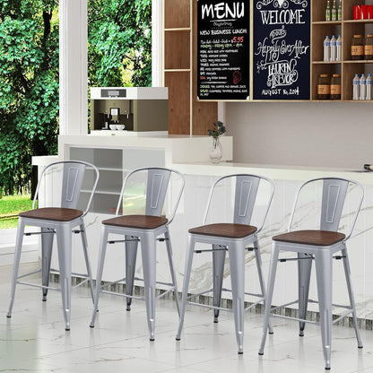 Metal Bar Stools Set of 4,26 Inch Barstools Counter Height Bar Stools with Backs Farmhouse Bar Stools with Larger Seat High Back Kitchen Dining Chairs Modern Bar Chairs 26" Silver Stool