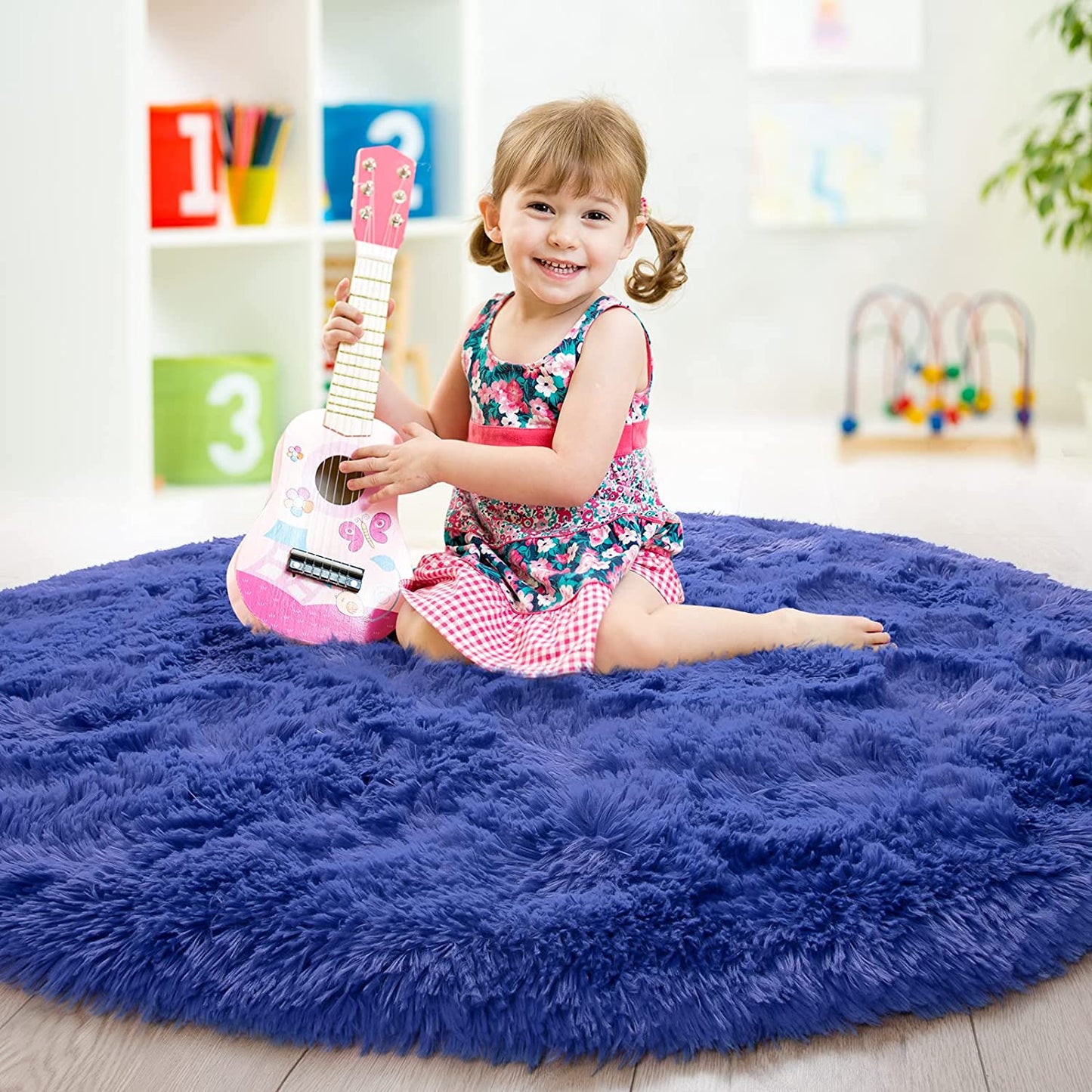 round Rug 5X5 Feet Fluffy Soft Area Rugs for Kids Girls Room Princess Castle Plush Shaggy Carpet Cute Circle Nursery Rug for Kids Girls Bedroom Baby Room Home Decor Circular Carpet, Light Navy