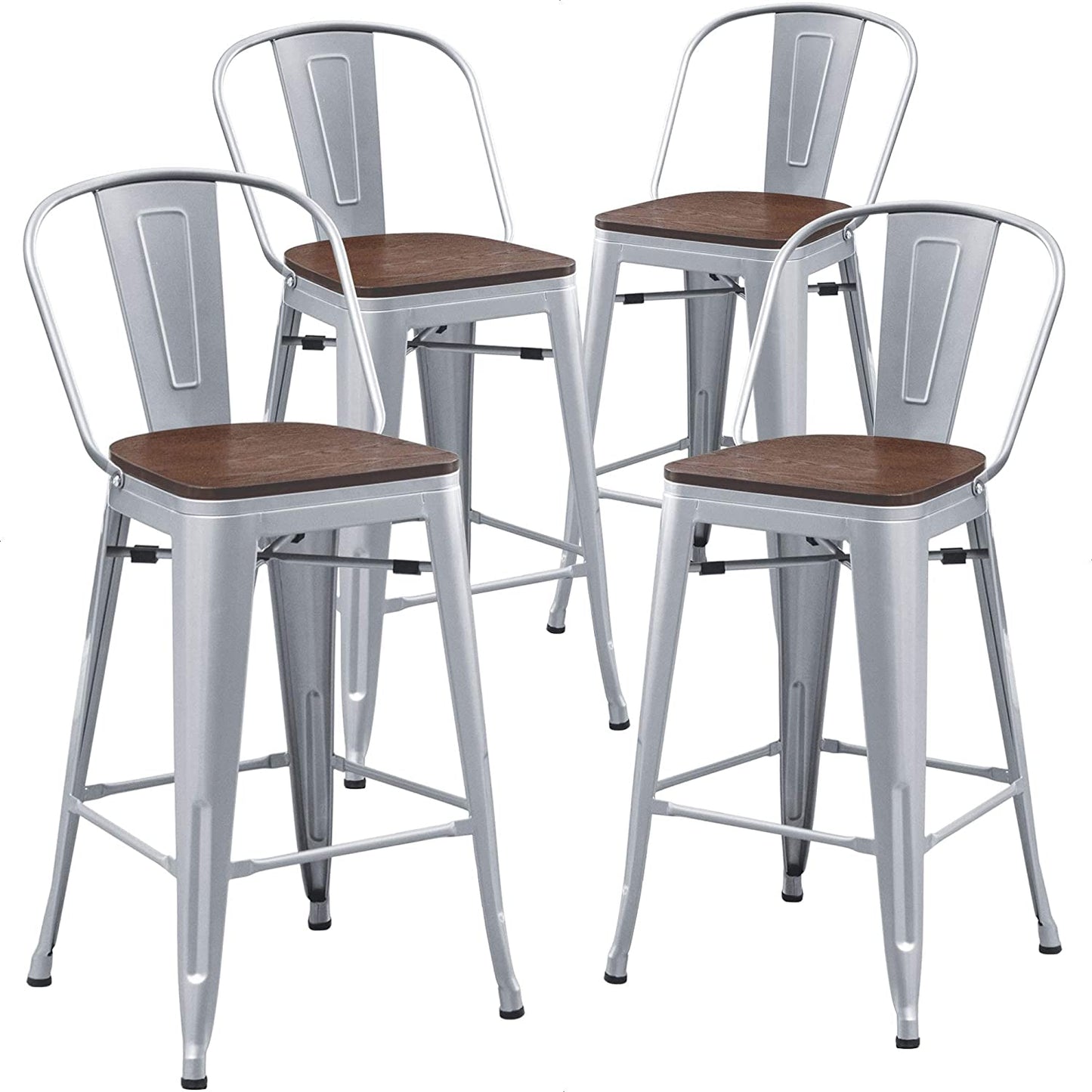 Metal Bar Stools Set of 4,26 Inch Barstools Counter Height Bar Stools with Backs Farmhouse Bar Stools with Larger Seat High Back Kitchen Dining Chairs Modern Bar Chairs 26" Silver Stool