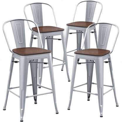 Metal Bar Stools Set of 4,26 Inch Barstools Counter Height Bar Stools with Backs Farmhouse Bar Stools with Larger Seat High Back Kitchen Dining Chairs Modern Bar Chairs 26" Silver Stool