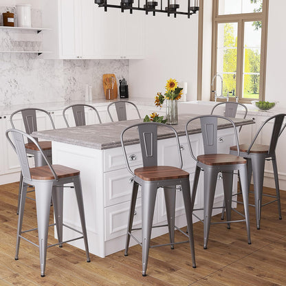 Metal Bar Stools Set of 4,26 Inch Barstools Counter Height Bar Stools with Backs Farmhouse Bar Stools with Larger Seat High Back Kitchen Dining Chairs Modern Bar Chairs 26" Silver Stool