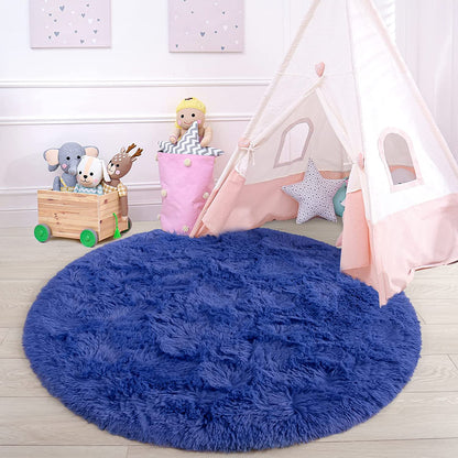 round Rug 5X5 Feet Fluffy Soft Area Rugs for Kids Girls Room Princess Castle Plush Shaggy Carpet Cute Circle Nursery Rug for Kids Girls Bedroom Baby Room Home Decor Circular Carpet, Light Navy