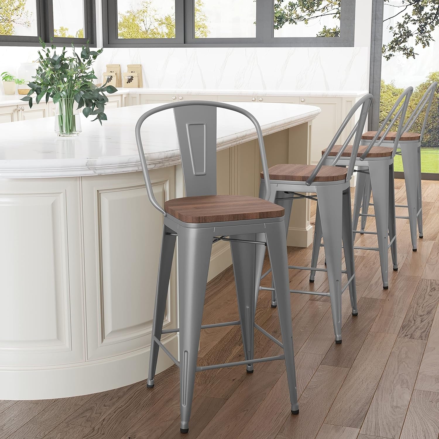 Metal Bar Stools Set of 4,26 Inch Barstools Counter Height Bar Stools with Backs Farmhouse Bar Stools with Larger Seat High Back Kitchen Dining Chairs Modern Bar Chairs 26" Silver Stool