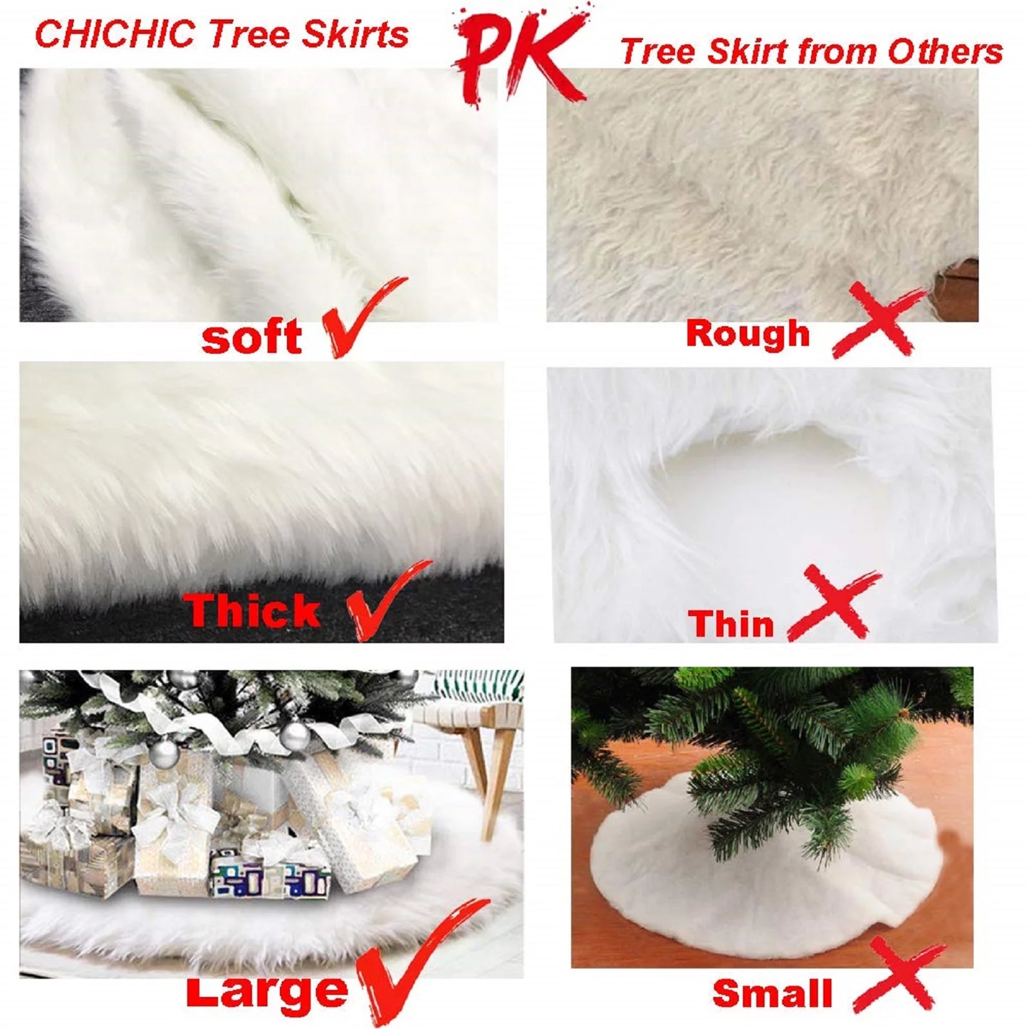 Christmas Tree Skirt 48 Inch Faux Fur Xmas Plush Tree Skirt Winter Large Christmas Tree Mat Holiday Party Christmas Tree Decorations, Snowy White