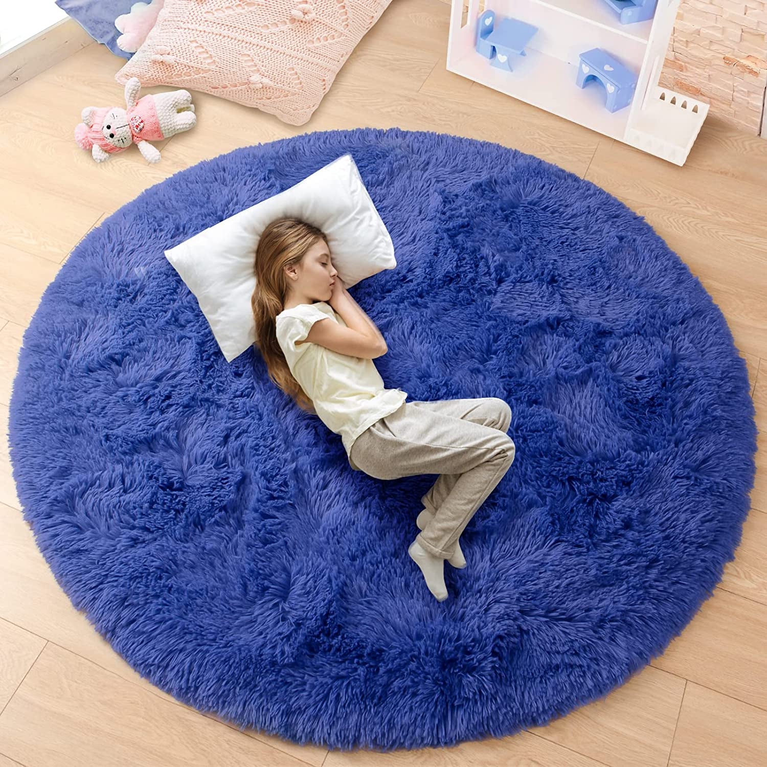 round Rug 5X5 Feet Fluffy Soft Area Rugs for Kids Girls Room Princess Castle Plush Shaggy Carpet Cute Circle Nursery Rug for Kids Girls Bedroom Baby Room Home Decor Circular Carpet, Light Navy