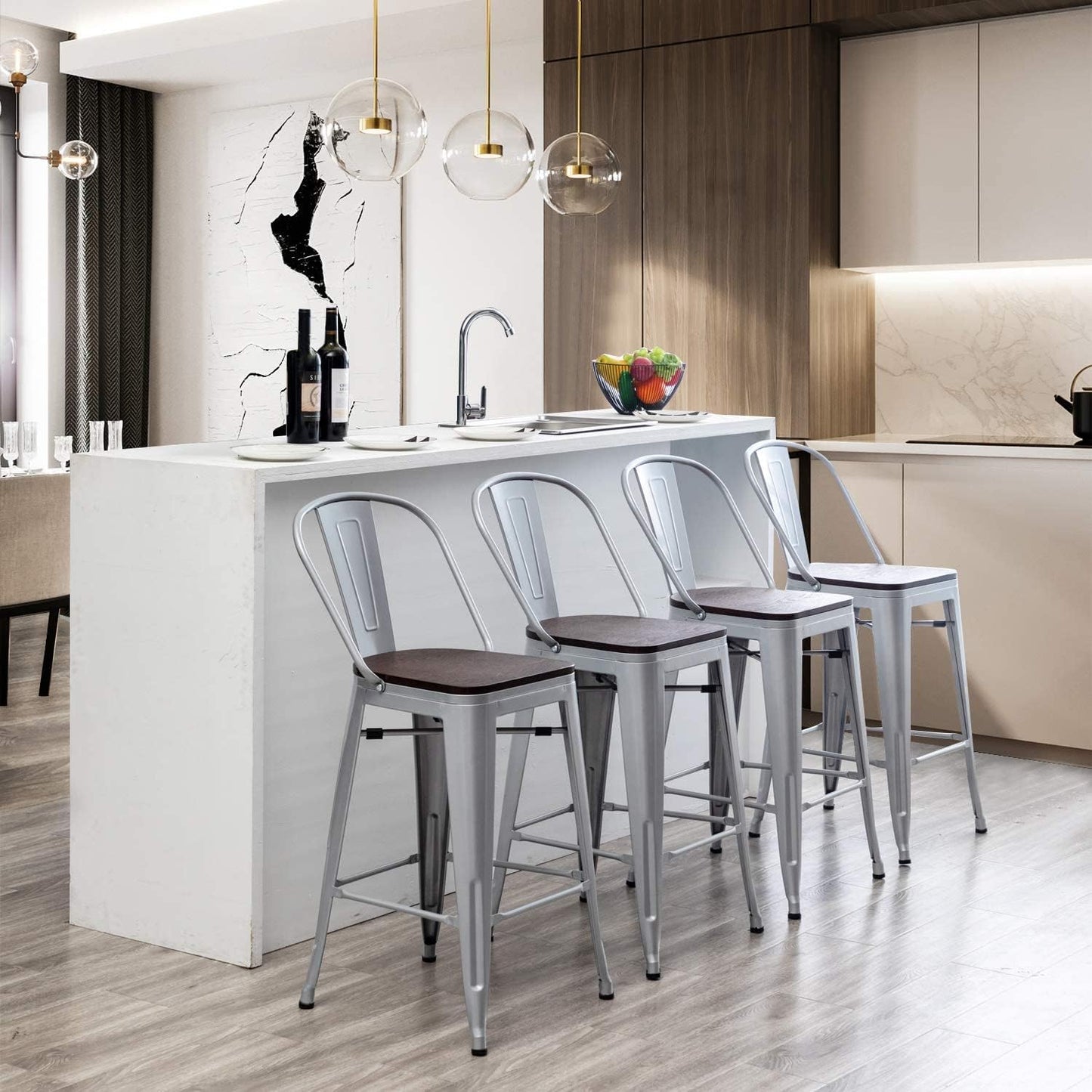 Metal Bar Stools Set of 4,26 Inch Barstools Counter Height Bar Stools with Backs Farmhouse Bar Stools with Larger Seat High Back Kitchen Dining Chairs Modern Bar Chairs 26" Silver Stool