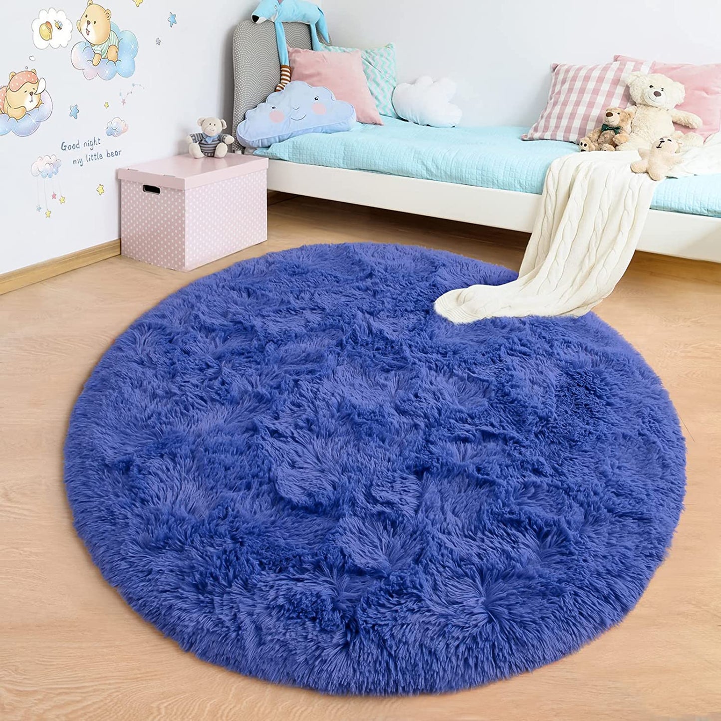 round Rug 5X5 Feet Fluffy Soft Area Rugs for Kids Girls Room Princess Castle Plush Shaggy Carpet Cute Circle Nursery Rug for Kids Girls Bedroom Baby Room Home Decor Circular Carpet, Light Navy