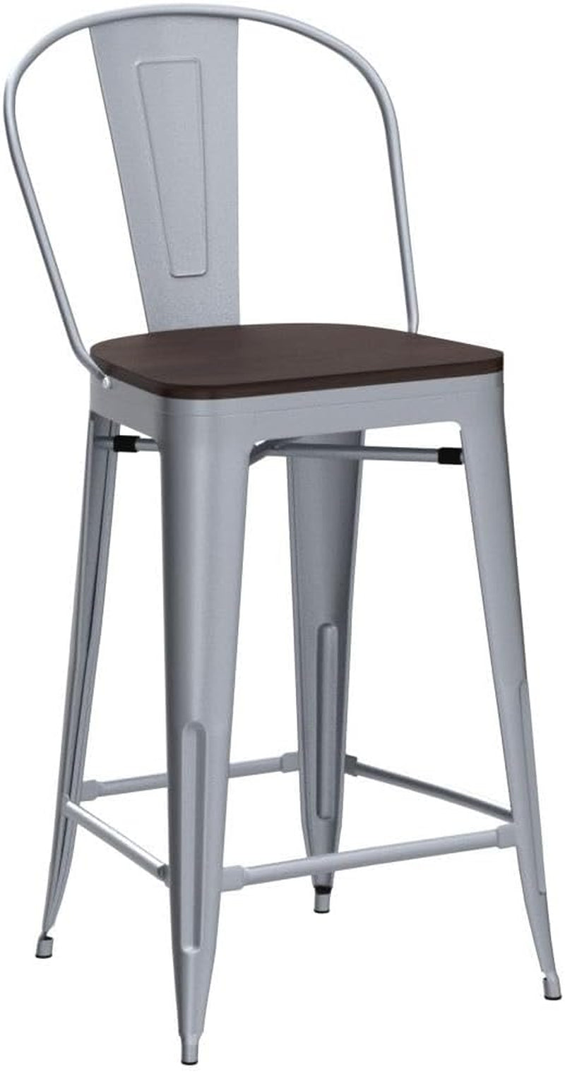 Metal Bar Stools Set of 4,26 Inch Barstools Counter Height Bar Stools with Backs Farmhouse Bar Stools with Larger Seat High Back Kitchen Dining Chairs Modern Bar Chairs 26" Silver Stool